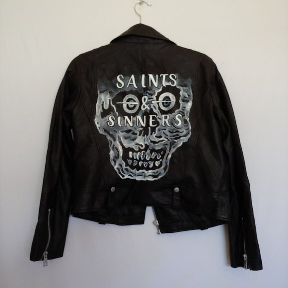 Levi's faux leather bomber jacket painted Saints & Sinners graphic on back.  Med - Picture 2 of 16